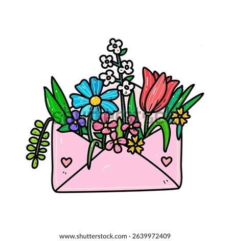 A vibrant illustration of an envelope filled with various colorful flowers, expressing joy and cheerfulness, perfect for themes like love, happiness, and creative communication.