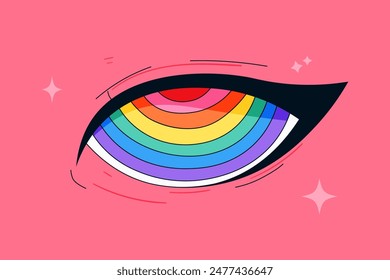 A vibrant illustration of an eye with a rainbow iris on a pink background, symbolizing diversity and LGBTQ+ pride. Perfect for use in pride campaigns, inclusive marketing, and social media visuals.