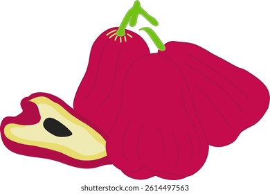 A vibrant illustration features three whole wax apples also known as water apples