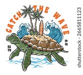 A vibrant illustration features a turtle carrying a small island on its back complete with palm trees and a surfboard surrounded by crashing waves. Perfect for beach lovers and surfers.