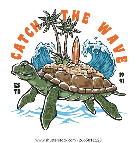 A vibrant illustration features a turtle carrying a small island on its back complete with palm trees and a surfboard surrounded by crashing waves. Perfect for beach lovers and surfers.