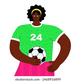 A vibrant illustration featuring an active woman about to play football. The illustration is hand-drawn and created in a flat vector style to depict people. Isolated on a white background.