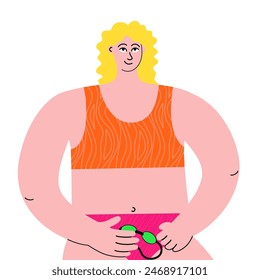 A vibrant illustration featuring an active woman about to swim. The illustration is hand-drawn and created in a flat vector style to depict people. Isolated on a white background.