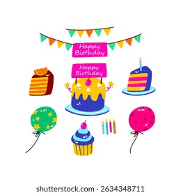 Vibrant illustration featuring birthday festivities, colorful cakes, cheerful balloons, and celebratory elements.