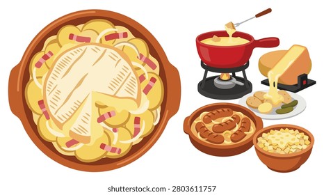 A vibrant illustration featuring a bubbling cheese fondue pot, a hearty baked cheese dish, and a side of potatoes, perfect for a cozy meal.