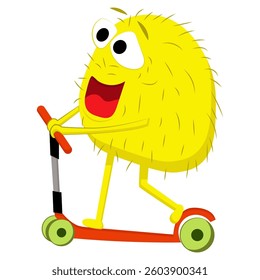 A vibrant illustration featuring a cheerful yellow monster riding a scooter against a clean white background.