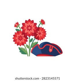 A vibrant illustration featuring a cluster of red dahlia flowers with green leaves next to a blue and red tricorne hat.