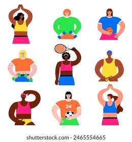 A vibrant illustration featuring a collection of nine active women with different skin colors.The illustration is hand-drawn and created in a flat vector style to depict people. Isolated on a white.
