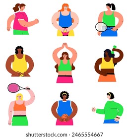 A vibrant illustration featuring a collection of nine active women with different skin colors.The illustration is hand-drawn and created in a flat vector style to depict people. Isolated on a white.
