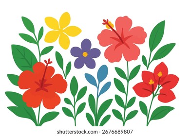 A vibrant illustration featuring a colorful array of tropical flowers and lush green leaves, arranged in a visually appealing composition.