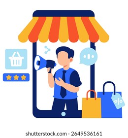 A vibrant illustration featuring digital marketing in e-commerce, with a salesperson promoting products via smartphone.