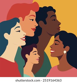 A vibrant illustration featuring a diverse group of men and women smiling and looking forward.