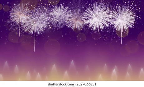 A vibrant illustration featuring fireworks bursting against a gradient purple and orange sky, with glowing bokeh lights and a softly illuminated silhouette of trees below.