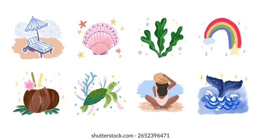 Uma ilustração vibrante com flores, ondas, palmeiras, sol e o espírito de aloha.