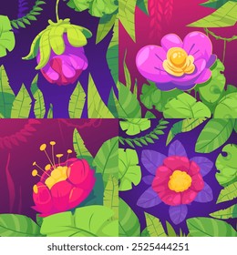 Uma ilustração vibrante com quatro flores distintas em um cenário de selva. Cada flor tem cores e formas únicas, rodeadas por folhas verdes exuberantes e um fundo colorido. 