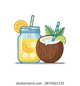 A vibrant illustration featuring a glass mason jar filled with a yellow beverage, ice cubes, and orange slices, alongside a halved coconut with a straw and ice.