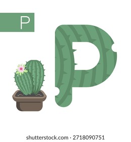 Una ilustración vibrante con una fuente de cactus verde con una flor floreciente en una maceta marrón, sobre un fondo blanco.