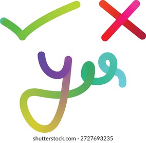 Una ilustración vibrante con una marca de verificación verde, una cruz roja y un símbolo de ojos multicolor sobre un fondo blanco limpio.