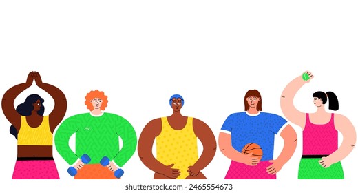A vibrant illustration featuring a group of active women with different skin colors.The illustration is hand-drawn and created in a flat vector style to depict people. Isolated on a white background.
