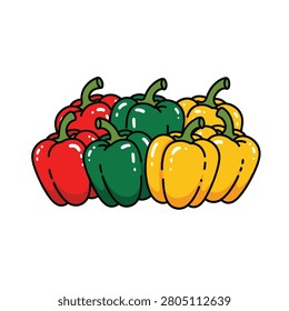 A vibrant illustration featuring a group of six bell peppers in red, green, and yellow colors. The peppers are arranged in two rows against a clean white background. Each pepper is drawn in a cartoon style with bold black outlines and white highlights to show shine. This graphic represents fresh produce and healthy eating.