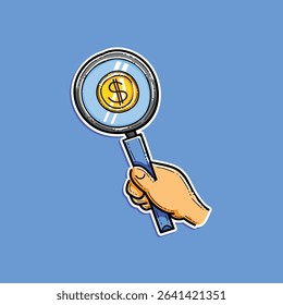 A vibrant illustration featuring a hand grasping a magnifying glass inspecting a gold coin. The image conveys financial concepts and is perfect for business, finance, or analytical themes.