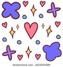 A vibrant illustration featuring hearts, sparkles, and whimsical shapes, evoking fun, joy, and creativity with its playful and colorful design.