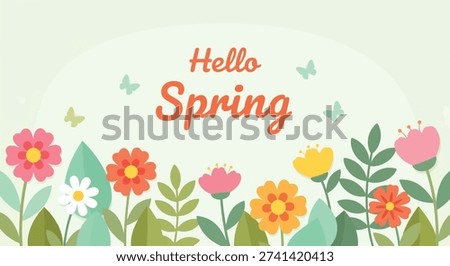 A vibrant illustration featuring 'Hello Spring' text surrounded by a variety of colorful blooming flowers and delicate butterflies, set against a light green background.