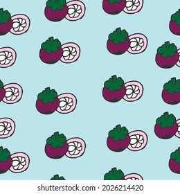 Vibrant illustration featuring mangosteen fruits, both whole and sliced, creating a seamless pattern against a blue backdrop. Ideal for food-related designs, healthy lifestyle visuals, or decorative