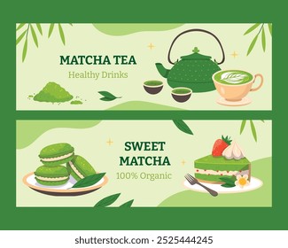 A vibrant illustration featuring matcha tea and desserts. The top section shows a green teapot, a cup of matcha tea, and matcha powder, labeled 'Matcha Tea Healthy Drinks'. 