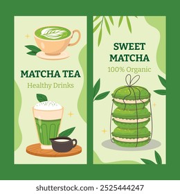 A vibrant illustration featuring matcha tea and sweet matcha desserts. 