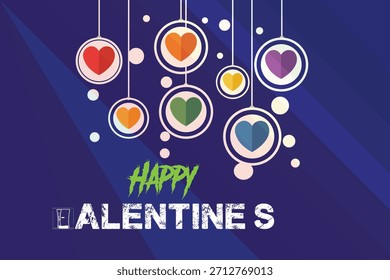 Una ilustración vibrante con múltiples corazones de colores colgando dentro de círculos blancos, sobre un fondo degradado azul oscuro y púrpura con puntos blancos dispersos, promoviendo un feliz San Valentín 