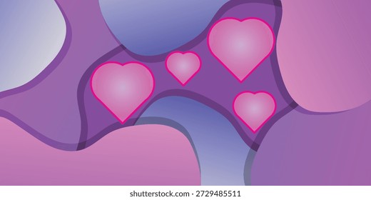 Una ilustración vibrante con múltiples corazones rosados sobre un telón de fondo de Formas abstractas púrpuras y azules que fluyen, creando un visual romántico y artístico.
