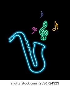 Vibrant illustration featuring a neon glowing saxophone with music notes. Perfect for jazz themed design, adding energy and musical vibes to your projects. Abstract saxophone wind musical instrument.