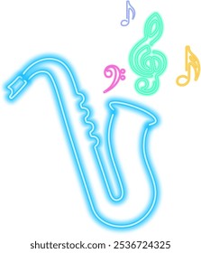 Vibrant illustration featuring a neon glowing saxophone with music notes. Perfect for jazz themed design, adding energy and musical vibes to your projects. Abstract saxophone wind musical instrument.