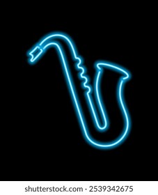 Vibrant illustration featuring a neon saxophone, blue glowing icon. Perfect for jazz themed design, adding energy and musical vibes to your projects. Abstract saxophone wind musical instrument.