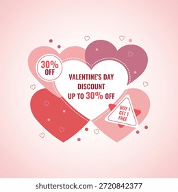 Una ilustración vibrante con corazones superpuestos en tonos de rosa y rojo, anunciando un descuento de San Valentín de hasta el 30% de descuento y una oferta de "Compra 1 y obtén 1 gratis". Ideal para la promoción de ventas de temporada