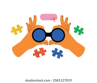 A vibrant illustration featuring a pair of hands holding binoculars surrounded by colorful puzzle pieces. The image symbolizes the process of searching, discovery, and exploration.