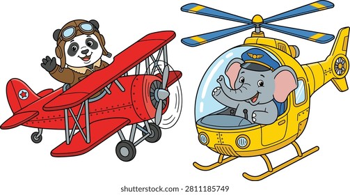 Vibrant illustration featuring a panda in aviator gear piloting a propeller plane alongside an elephant flying a helicopter. This cheerful artwork is perfect for children's educational materials, nursery decor, and travel-themed graphics.
