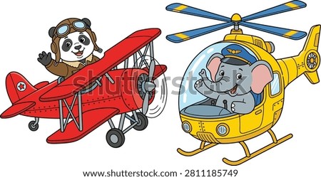 Vibrant illustration featuring a panda in aviator gear piloting a propeller plane alongside an elephant flying a helicopter. This cheerful artwork is perfect for children's educational materials, nursery decor, and travel-themed graphics.
