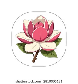 Vibrant illustration featuring a pink and white magnolia flower with green leaves on a small wooden branch set against a white background within a rounded square frame