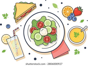 A vibrant illustration featuring a plate of salad, a sandwich, a refreshing drink with a straw, and a selection of fresh fruit including strawberries, blueberries, and orange slices, all arranged on a