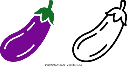 A vibrant illustration featuring a purple eggplant alongside its black and white line art counterpart, ideal for culinary or botanical designs.