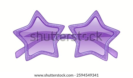 Vibrant illustration featuring purple star shaped sunglasses with a sparkling design on the frames. Ideal for festive and playful occasions. Stylish and fun fashion accessory.