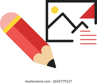 A vibrant illustration featuring a red pencil positioned next to a simple image placeholder, suggesting content creation, editing, or design.  The style is minimalist and flat.