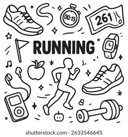 A vibrant illustration featuring running-related elements like shoes, a stopwatch, a race bib, a runner silhouette, headphones, an apple, and a dumbbell. 