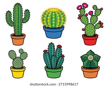 Uma ilustração vibrante com seis variedades distintas de cactos em vaso, cada uma com formas e cores únicas.