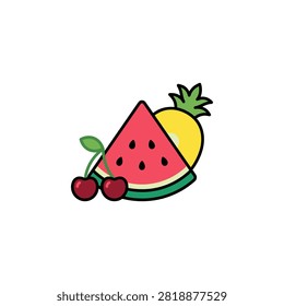 A vibrant illustration featuring a slice of watermelon, a pineapple, and two cherries, symbolizing a refreshing summer fruit medley.