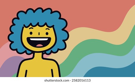 A vibrant illustration featuring a smiling character with bright blue curly hair against a colorful wavy background. 