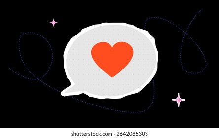 A vibrant illustration featuring a textured gray speech bubble with a red heart inside on a black background. Symbol of love interaction, affection, and positive communication.