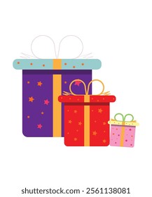 A vibrant illustration featuring three colorful gift boxes with decorative stars and ribbons. Suitable for Christmas, birthdays, or special occasions.